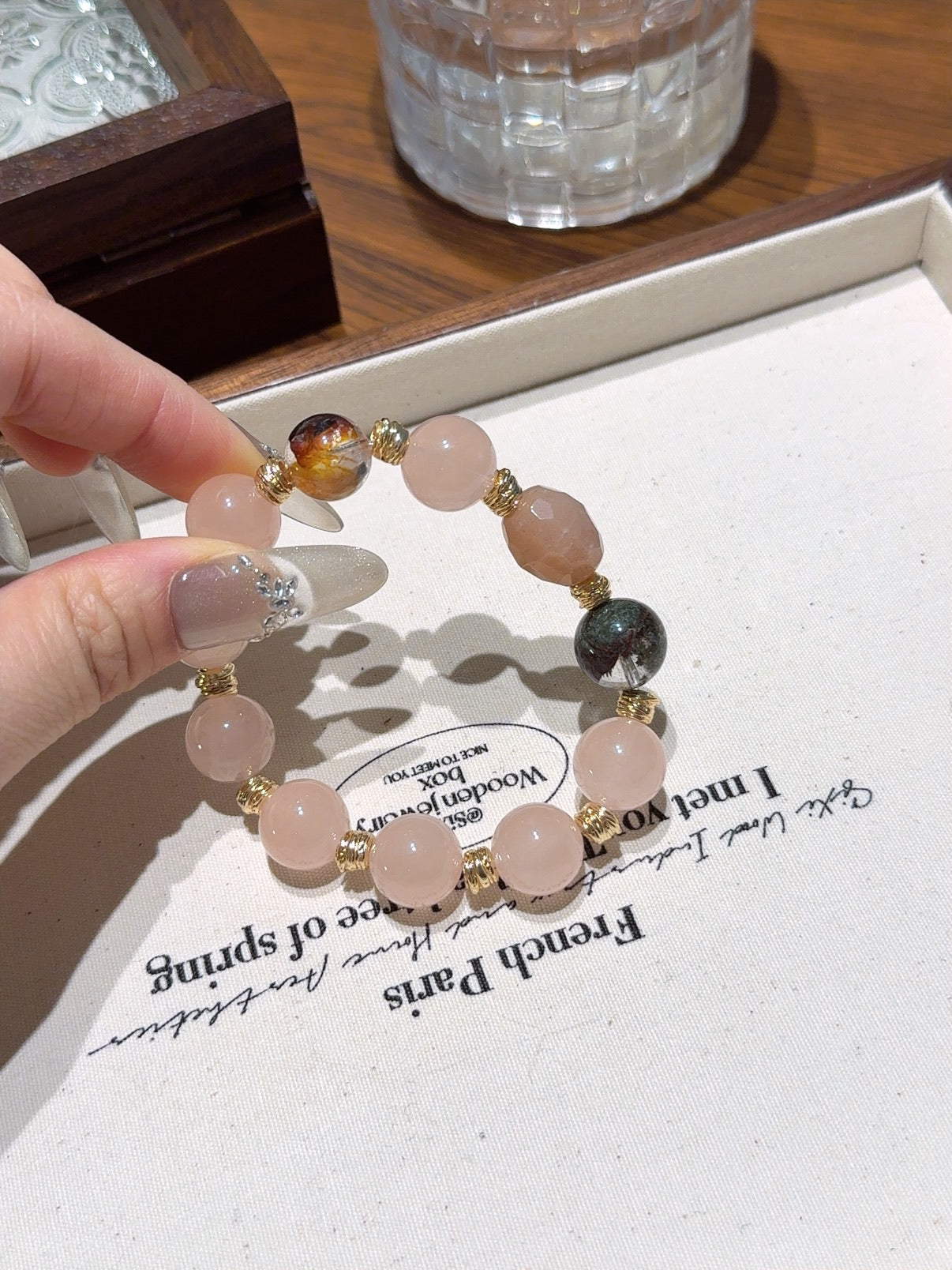 Rose Quartz Bracelet with Sunstone & Phantom Crystal – Natural Gemstone Jewelry for Mindful Living