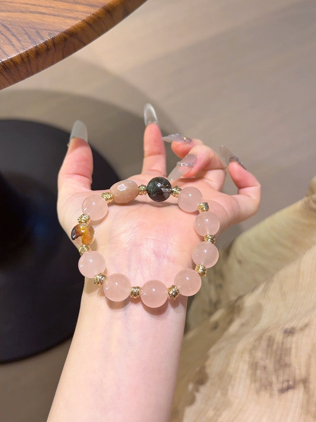 Rose Quartz Bracelet with Sunstone & Phantom Crystal – Natural Gemstone Jewelry for Mindful Living