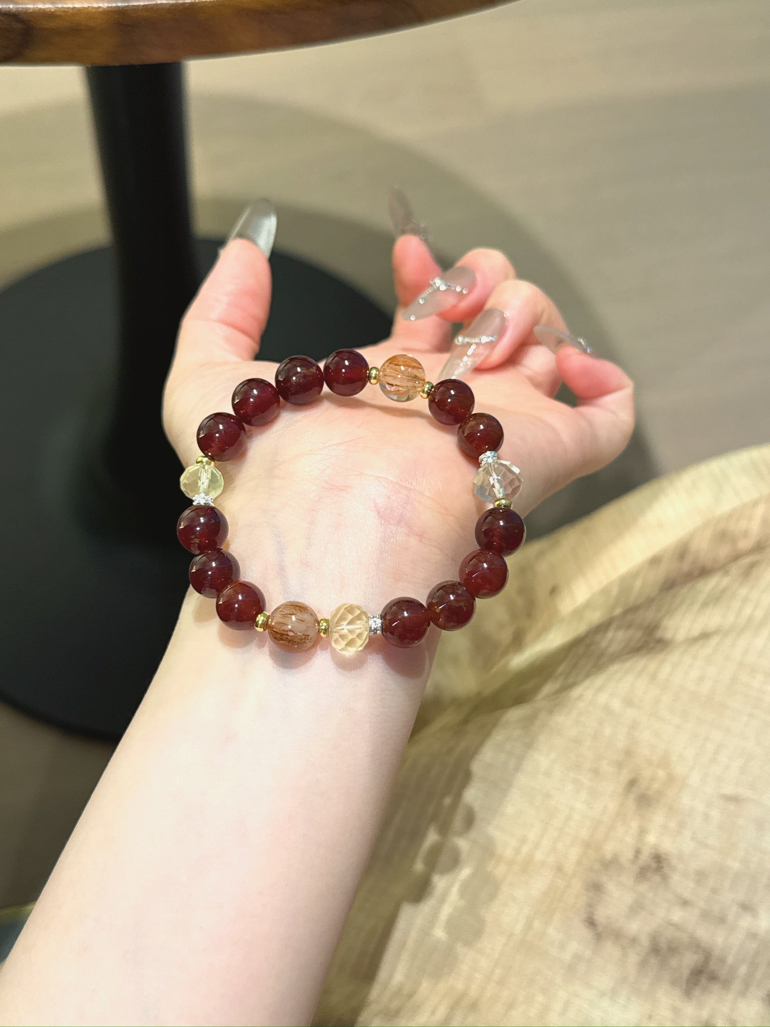 Garnet & Black Gold Super Seven Crystal Bracelet | 9mm Gemstone for Abundance & Vitality | Handcrafted Spiritual Jewelry for Women