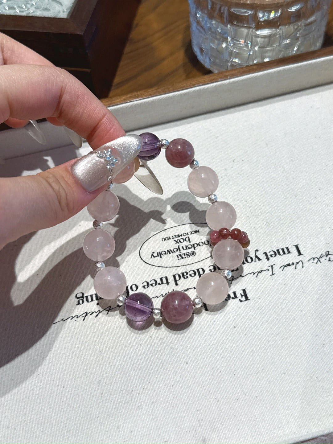 Peach Parfait Crystal Bracelet - Rose Quartz, Amethyst & Phosphosiderite for Soulmates, Wisdom & Anxiety Relief - Lancie Upre