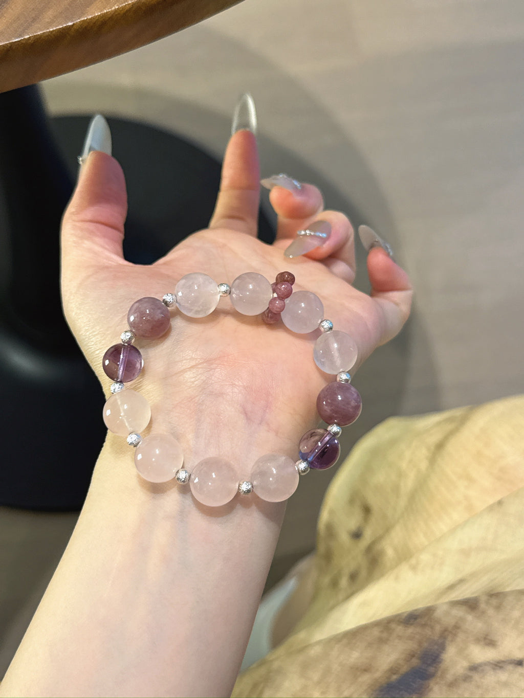 Peach Parfait Crystal Bracelet - Rose Quartz, Amethyst & Phosphosiderite for Soulmates, Wisdom & Anxiety Relief - Lancie Upre