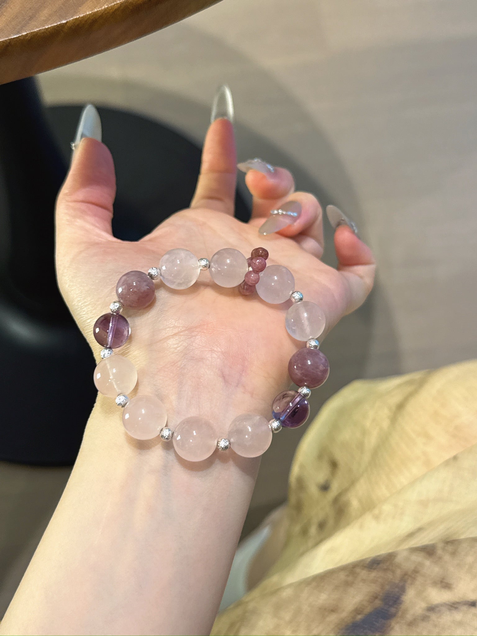 Peach Parfait Crystal Bracelet - Rose Quartz, Amethyst & Phosphosiderite for Soulmates, Wisdom & Anxiety Relief - Lancie Upre