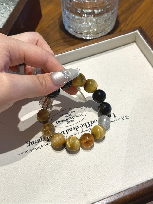 Golden Tiger’s Eye & Black Super Seven Power Bracelet - Wealth Manifestation, Protection & Career Success - Lancie Upre