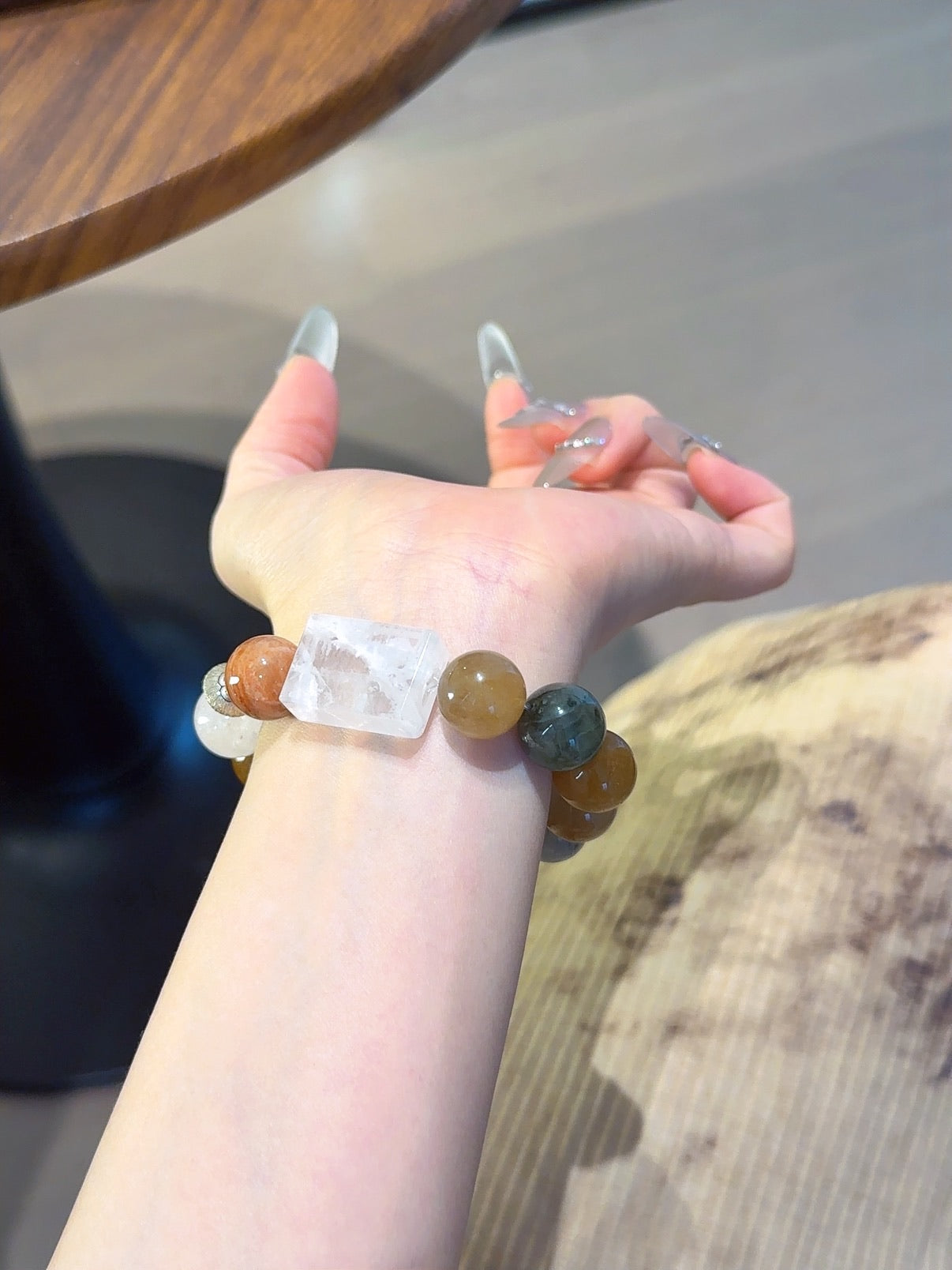 Natural Snow Phantom Quartz Crystal Bracelet — Snow Phantom Quartz, Rabbit-Hair Quartz, Clear Quartz, Pearl | Handmade Crystal Jewelry