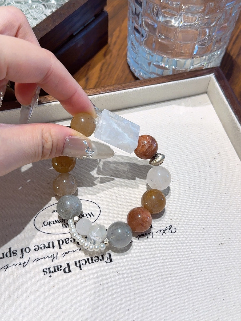 Natural Snow Phantom Quartz Crystal Bracelet — Snow Phantom Quartz, Rabbit-Hair Quartz, Clear Quartz, Pearl | Handmade Crystal Jewelry