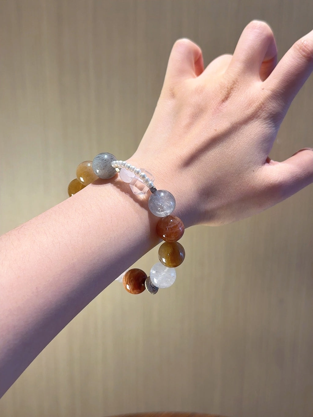 Natural Snow Phantom Quartz Crystal Bracelet — Snow Phantom Quartz, Rabbit-Hair Quartz, Clear Quartz, Pearl | Handmade Crystal Jewelry