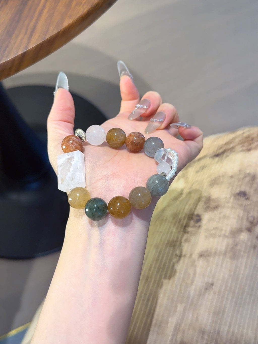 Natural Snow Phantom Quartz Crystal Bracelet — Snow Phantom Quartz, Rabbit-Hair Quartz, Clear Quartz, Pearl | Handmade Crystal Jewelry