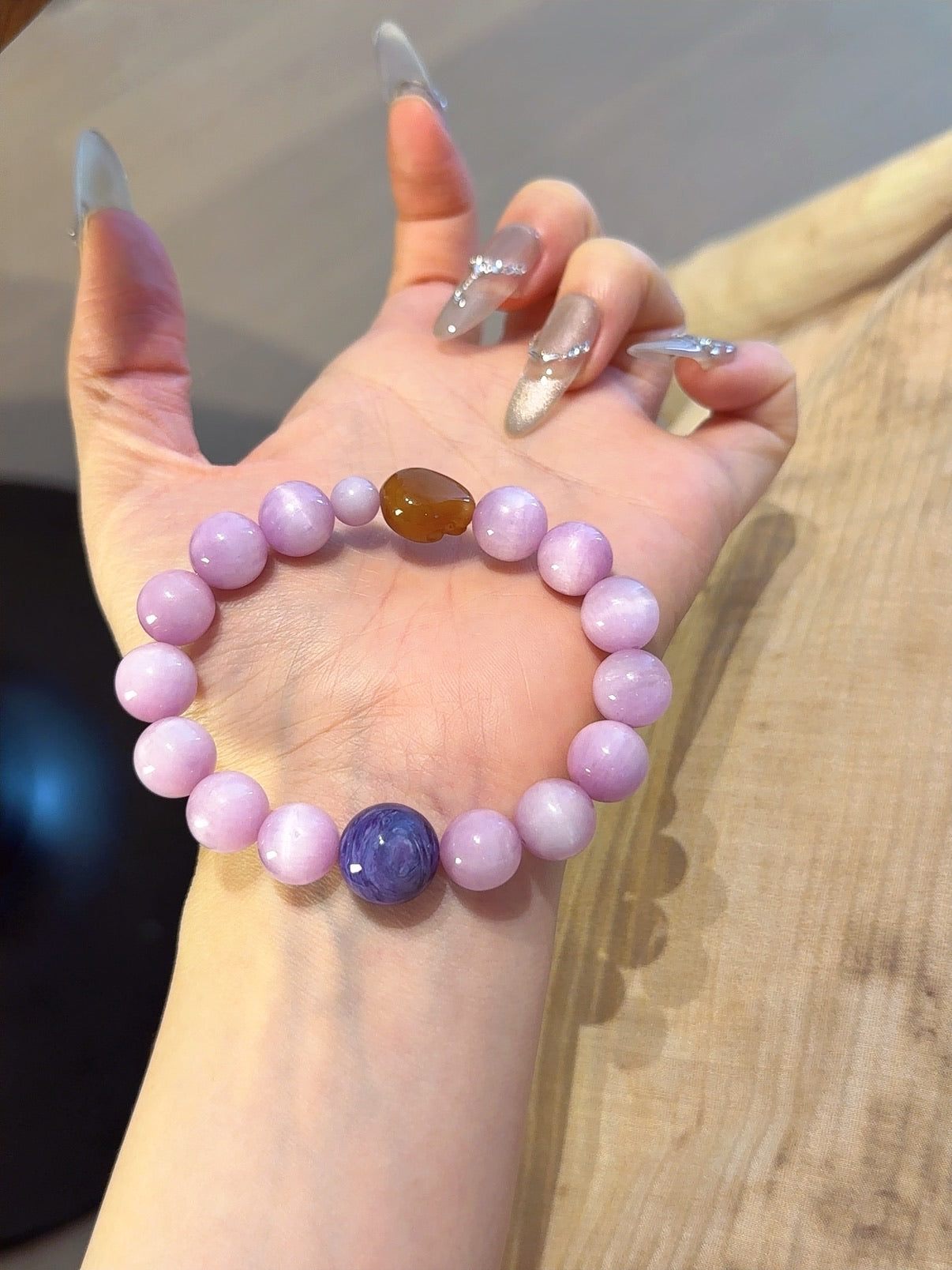Natural Kunzite Crystal Bracelet — Kunzite, Charoite, Citrine | Handmade Crystal Jewelry