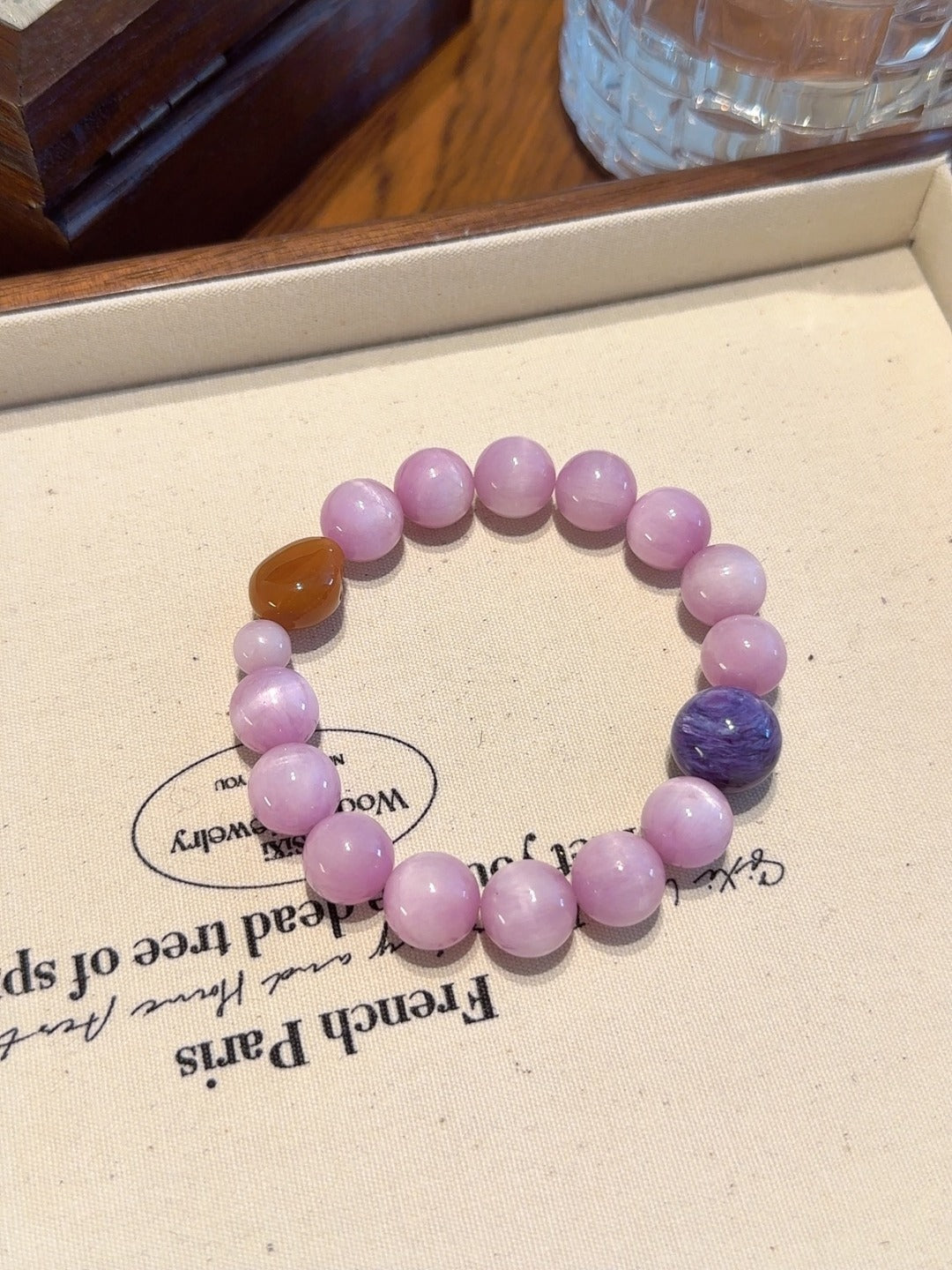 Natural Kunzite Crystal Bracelet — Kunzite, Charoite, Citrine | Handmade Crystal Jewelry