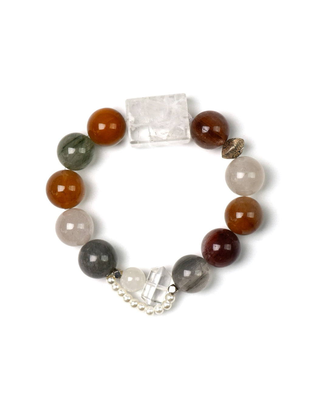 Natural Snow Phantom Quartz Crystal Bracelet — Snow Phantom Quartz, Rabbit-Hair Quartz, Clear Quartz, Pearl | Handmade Crystal Jewelry