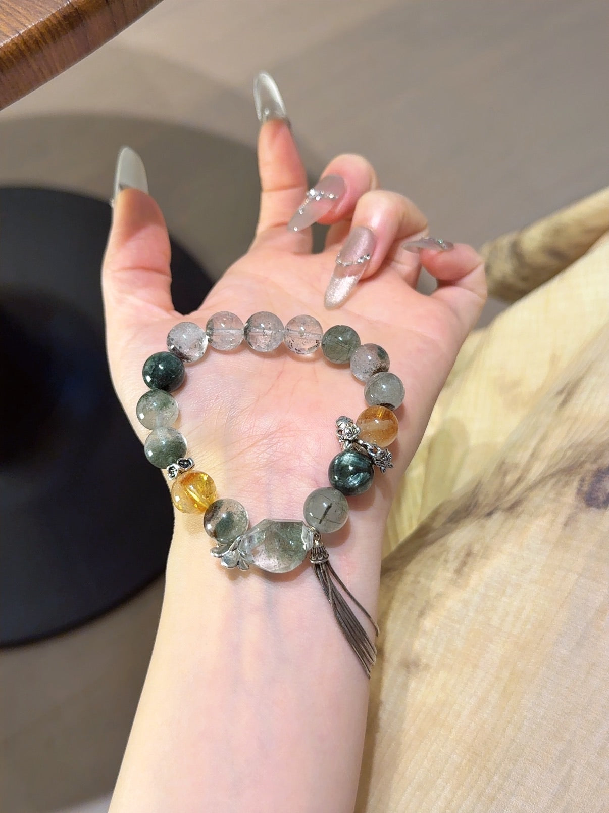 Natural Green Phantom Quartz Crystal Bracelet — Green Phantom Quartz, Green Rutilated Quartz, Citrine | Handmade Crystal Jewelry