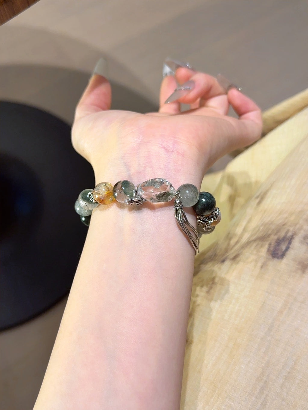 Natural Green Phantom Quartz Crystal Bracelet — Green Phantom Quartz, Green Rutilated Quartz, Citrine | Handmade Crystal Jewelry