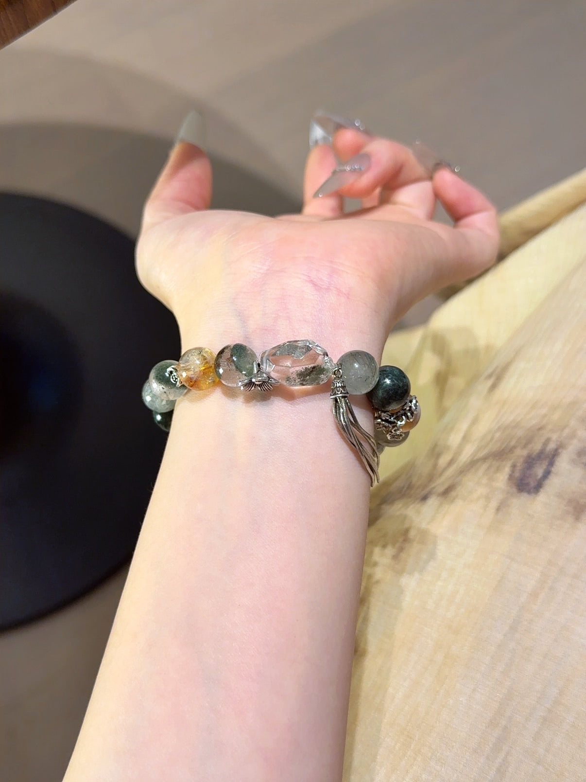 Natural Green Phantom Quartz Crystal Bracelet — Green Phantom Quartz, Green Rutilated Quartz, Citrine | Handmade Crystal Jewelry