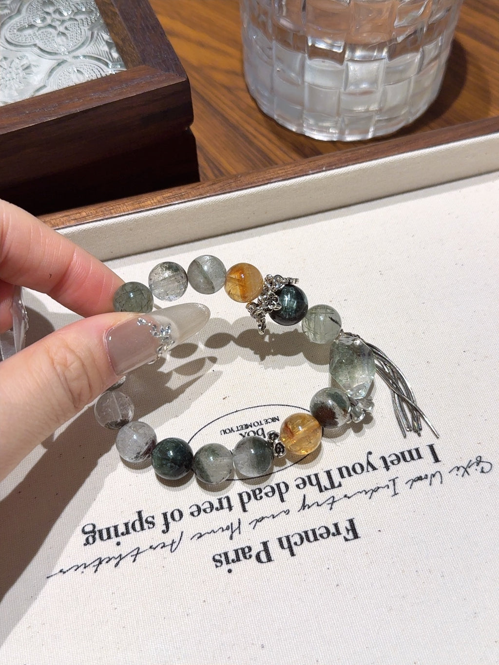 Natural Green Phantom Quartz Crystal Bracelet — Green Phantom Quartz, Green Rutilated Quartz, Citrine | Handmade Crystal Jewelry