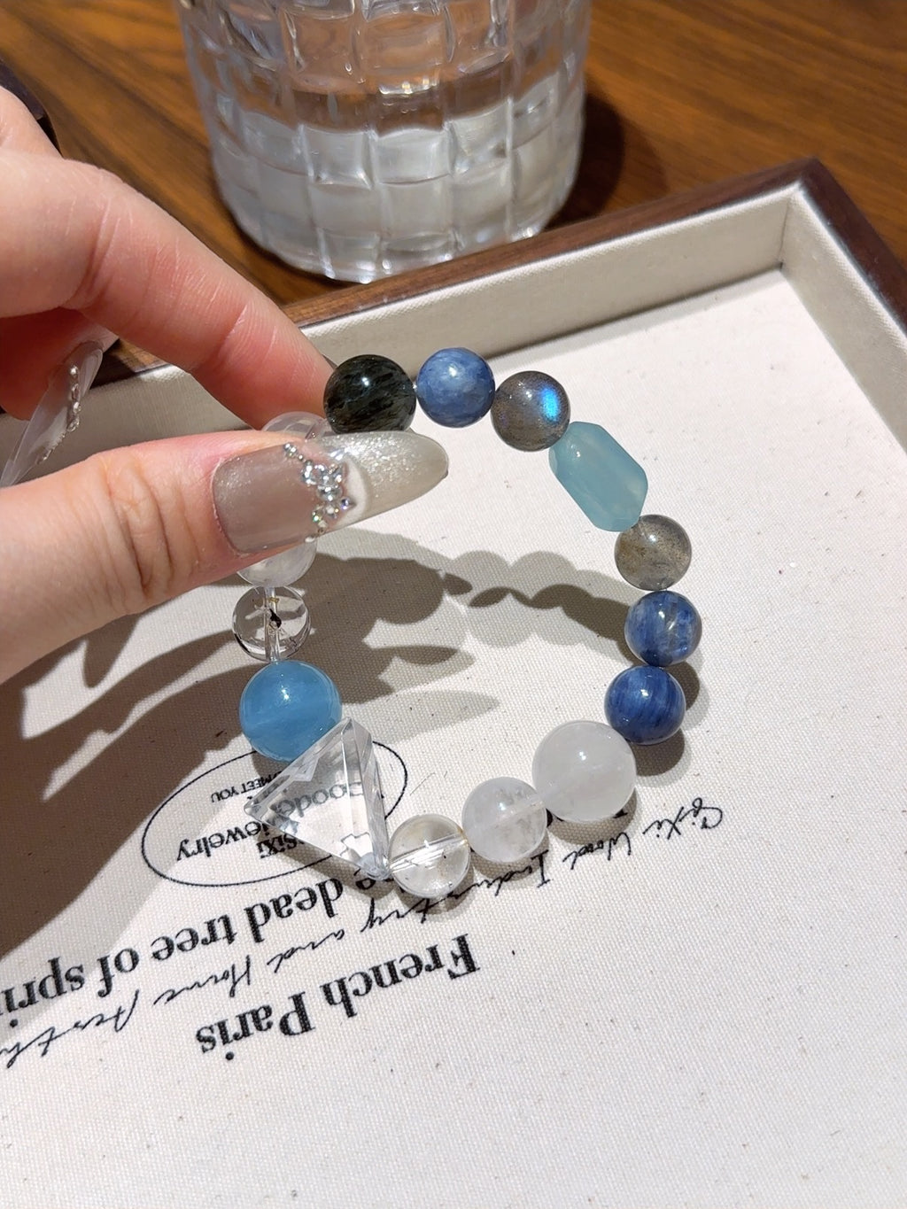 Natural White Phantom Quartz Crystal Bracelet — White Phantom Quartz, Aquamarine, Moonstone, Hawk's Eye | Handmade Crystal Jewelry