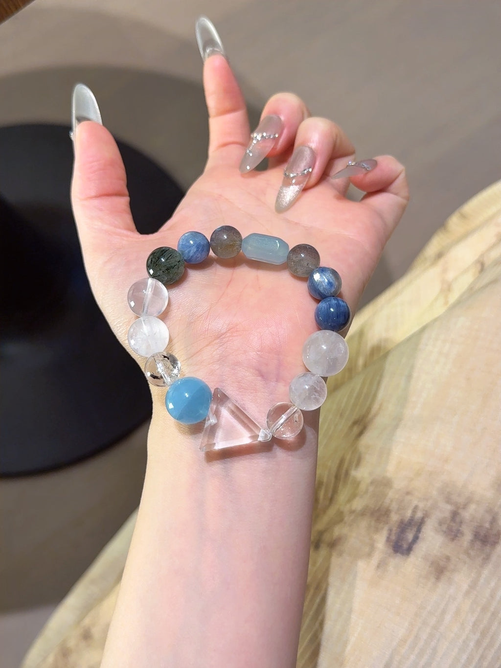Natural White Phantom Quartz Crystal Bracelet — White Phantom Quartz, Aquamarine, Moonstone, Hawk's Eye | Handmade Crystal Jewelry