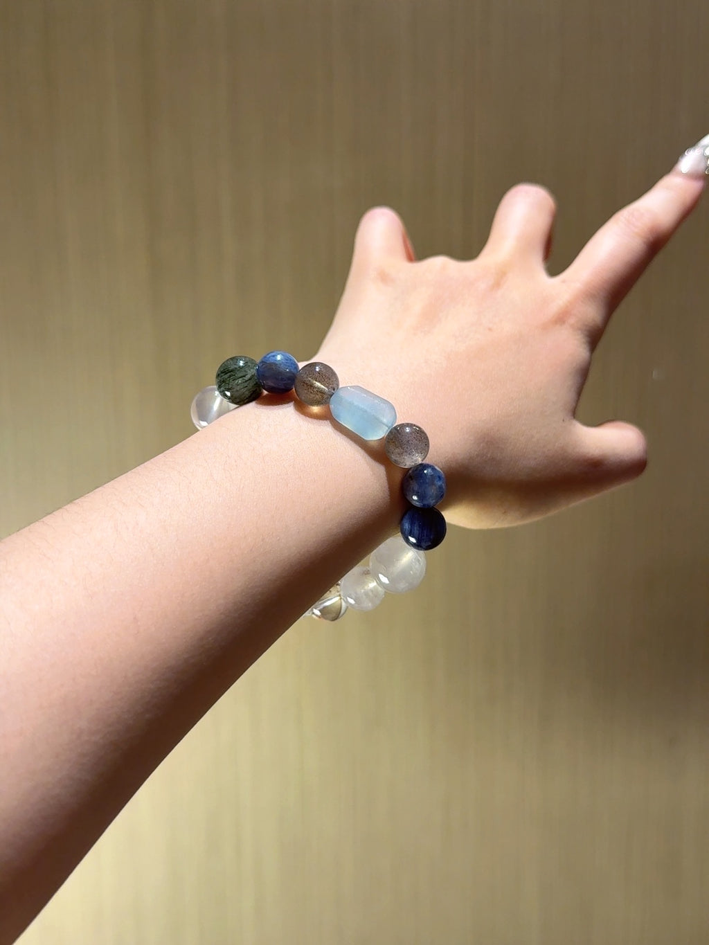 Natural White Phantom Quartz Crystal Bracelet — White Phantom Quartz, Aquamarine, Moonstone, Hawk's Eye | Handmade Crystal Jewelry