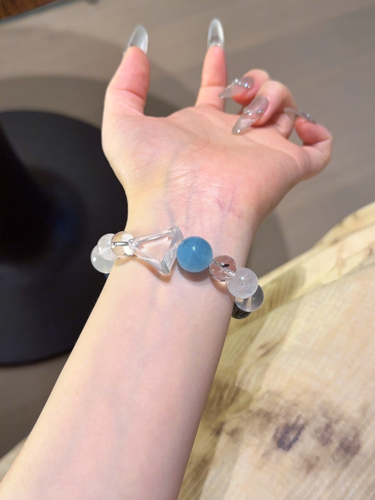 Natural White Phantom Quartz Crystal Bracelet — White Phantom Quartz, Aquamarine, Moonstone, Hawk's Eye | Handmade Crystal Jewelry