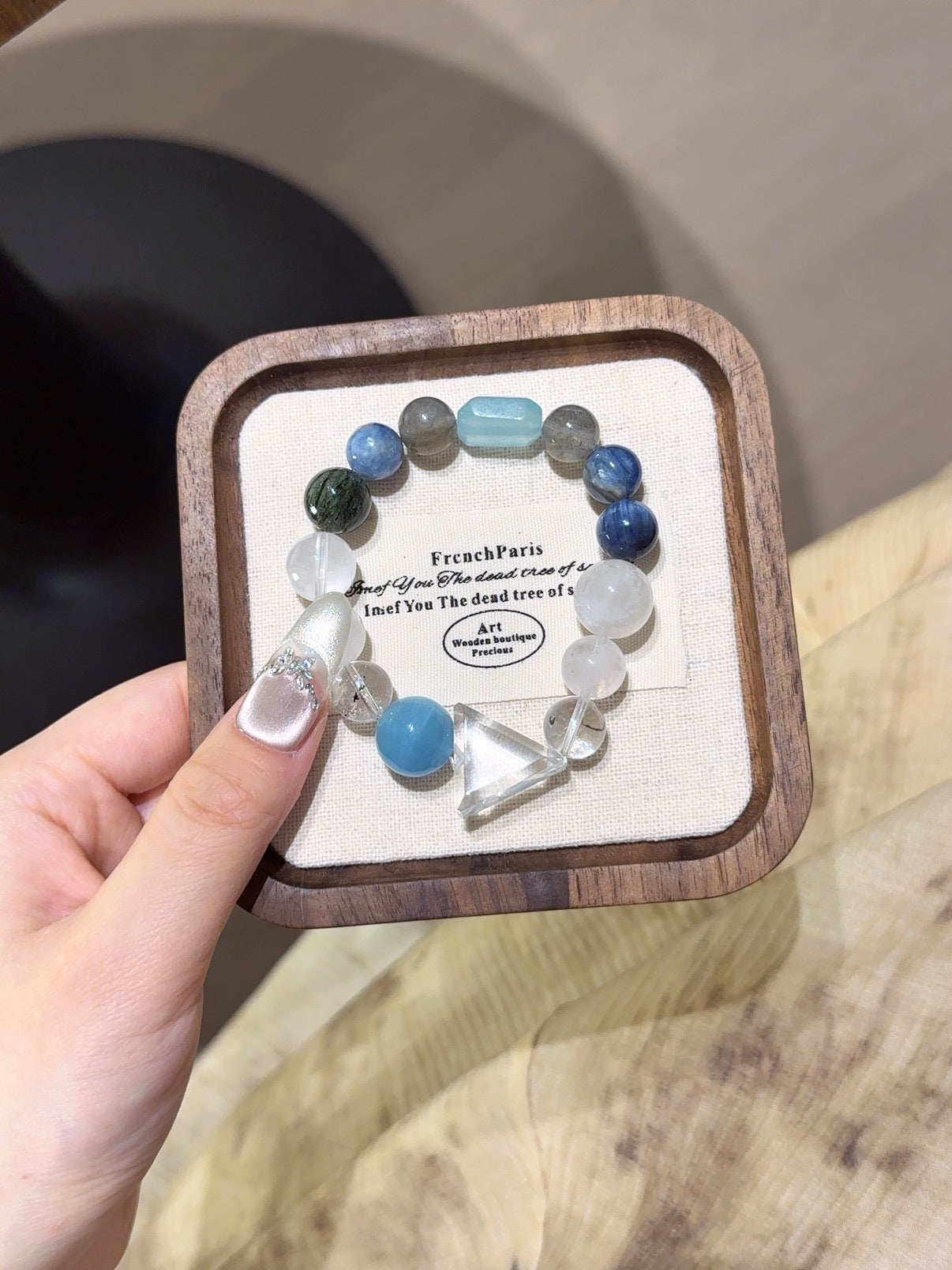 Natural White Phantom Quartz Crystal Bracelet — White Phantom Quartz, Aquamarine, Moonstone, Hawk's Eye | Handmade Crystal Jewelry