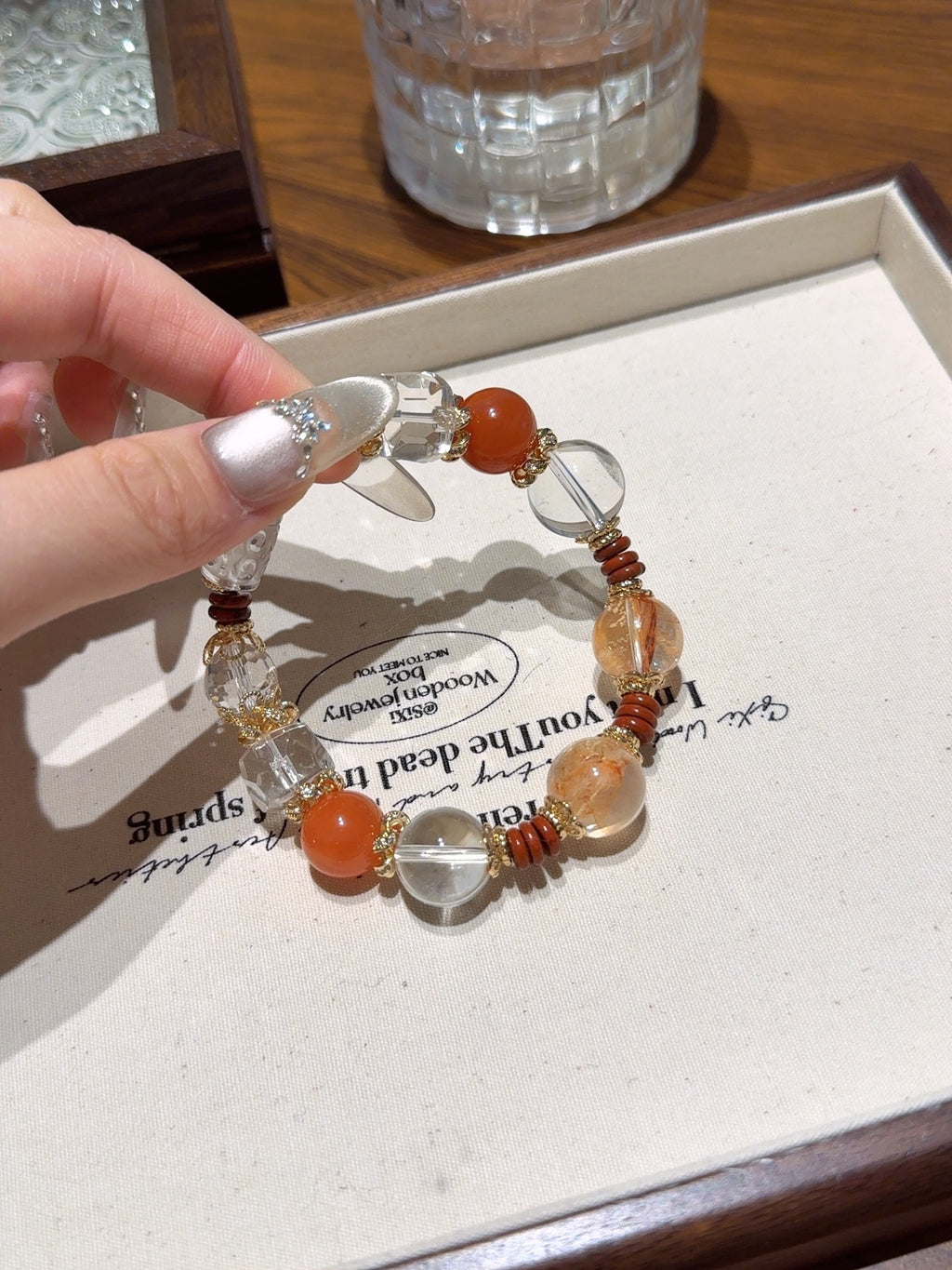 Natural Aura Quartz Crystal Bracelet — Aura Quartz, Red Agate, Clear Quartz | Handmade Crystal Jewelry