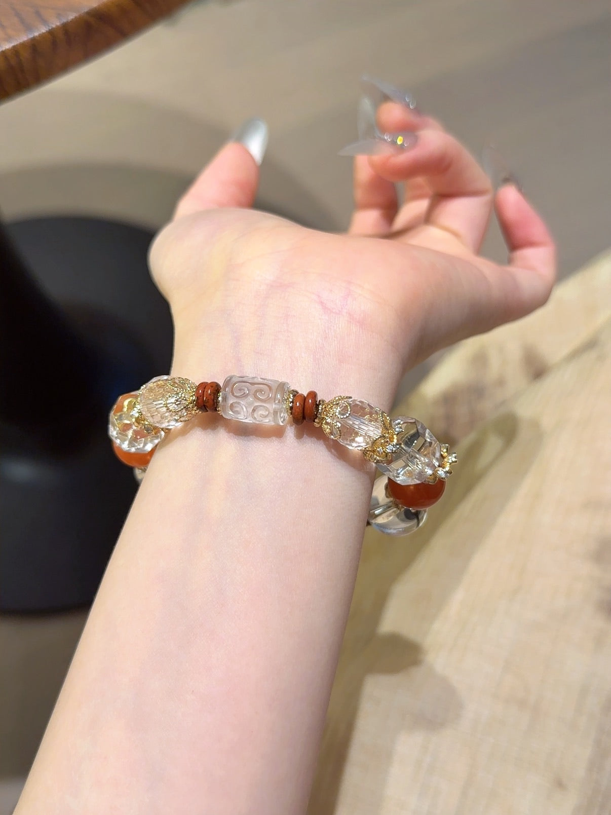 Natural Aura Quartz Crystal Bracelet — Aura Quartz, Red Agate, Clear Quartz | Handmade Crystal Jewelry