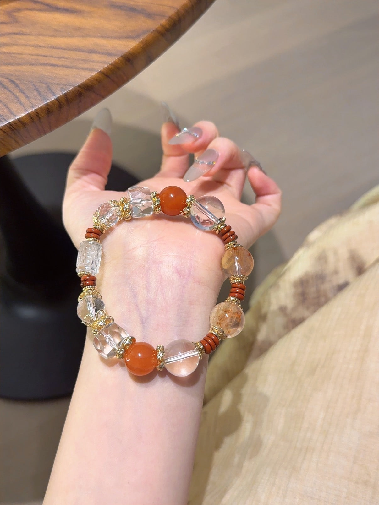 Natural Aura Quartz Crystal Bracelet — Aura Quartz, Red Agate, Clear Quartz | Handmade Crystal Jewelry