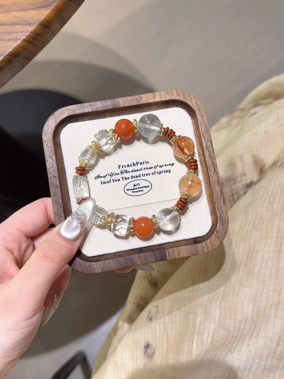 Natural Aura Quartz Crystal Bracelet — Aura Quartz, Red Agate, Clear Quartz | Handmade Crystal Jewelry