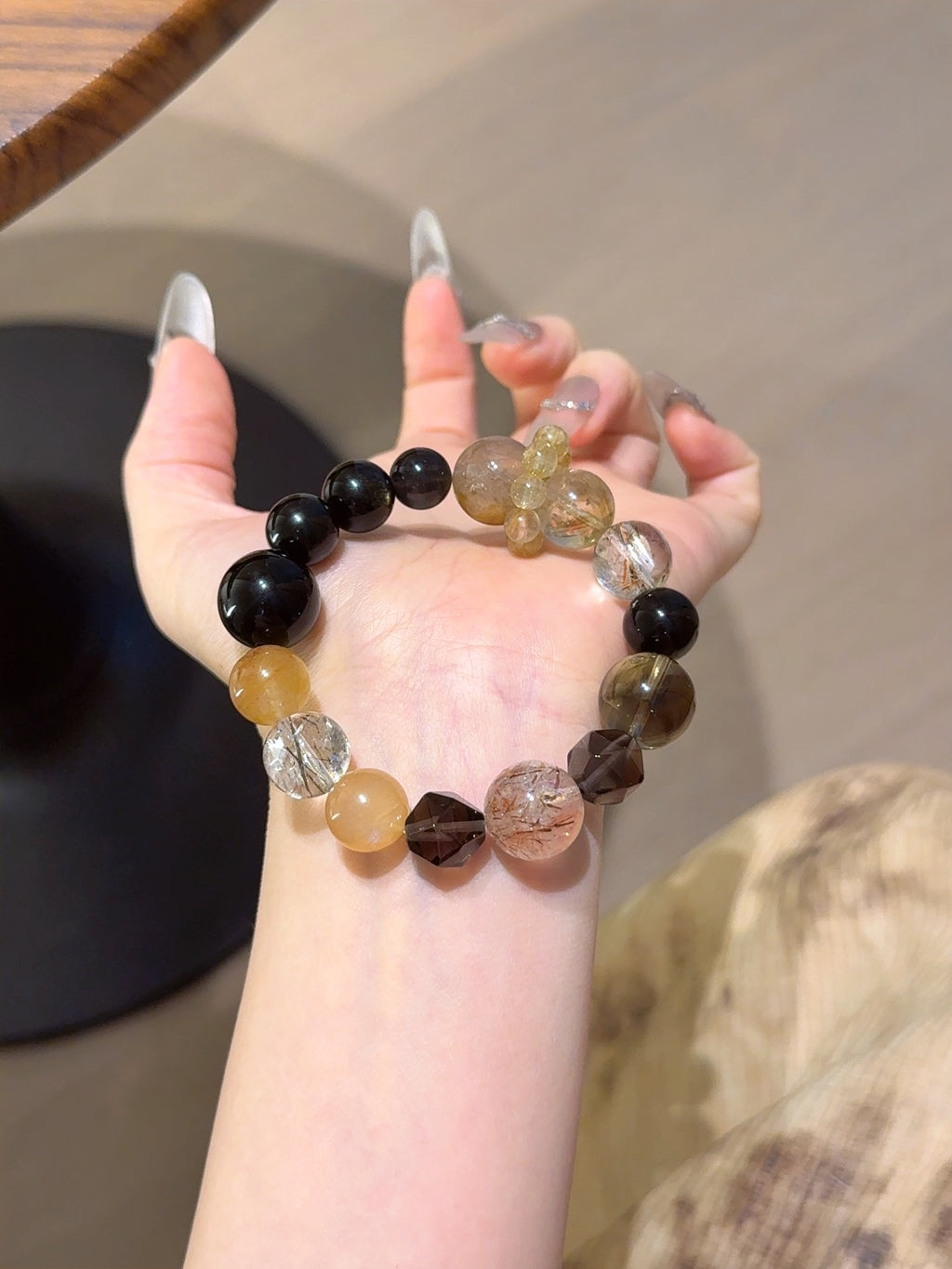 Natural Gold Sheen Obsidian Crystal Bracelet — Gold Sheen Obsidian, Citrine, Rabbit-Hair Quartz | Handmade Crystal Jewelry