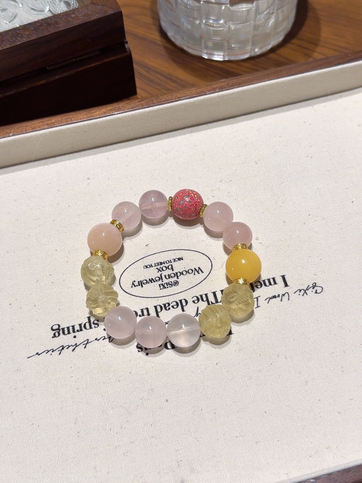Natural Yellow Fluorite Crystal Bracelet — Yellow Fluorite, Rose Quartz, Lacquer Bead | Handmade Crystal Jewelry