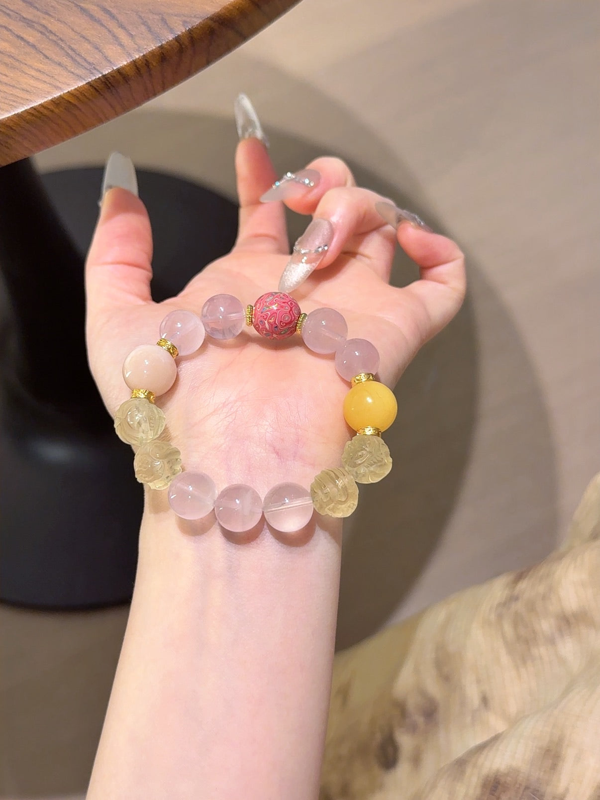 Natural Yellow Fluorite Crystal Bracelet — Yellow Fluorite, Rose Quartz, Lacquer Bead | Handmade Crystal Jewelry