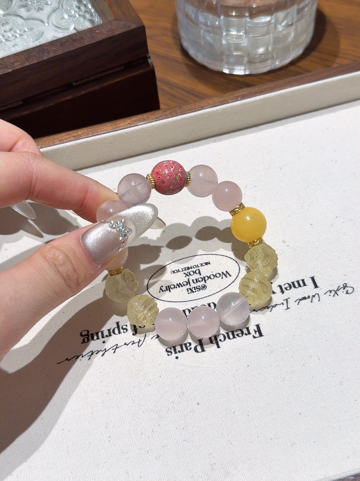 Natural Yellow Fluorite Crystal Bracelet — Yellow Fluorite, Rose Quartz, Lacquer Bead | Handmade Crystal Jewelry