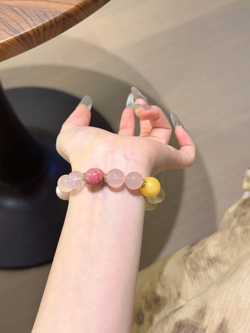 Natural Yellow Fluorite Crystal Bracelet — Yellow Fluorite, Rose Quartz, Lacquer Bead | Handmade Crystal Jewelry