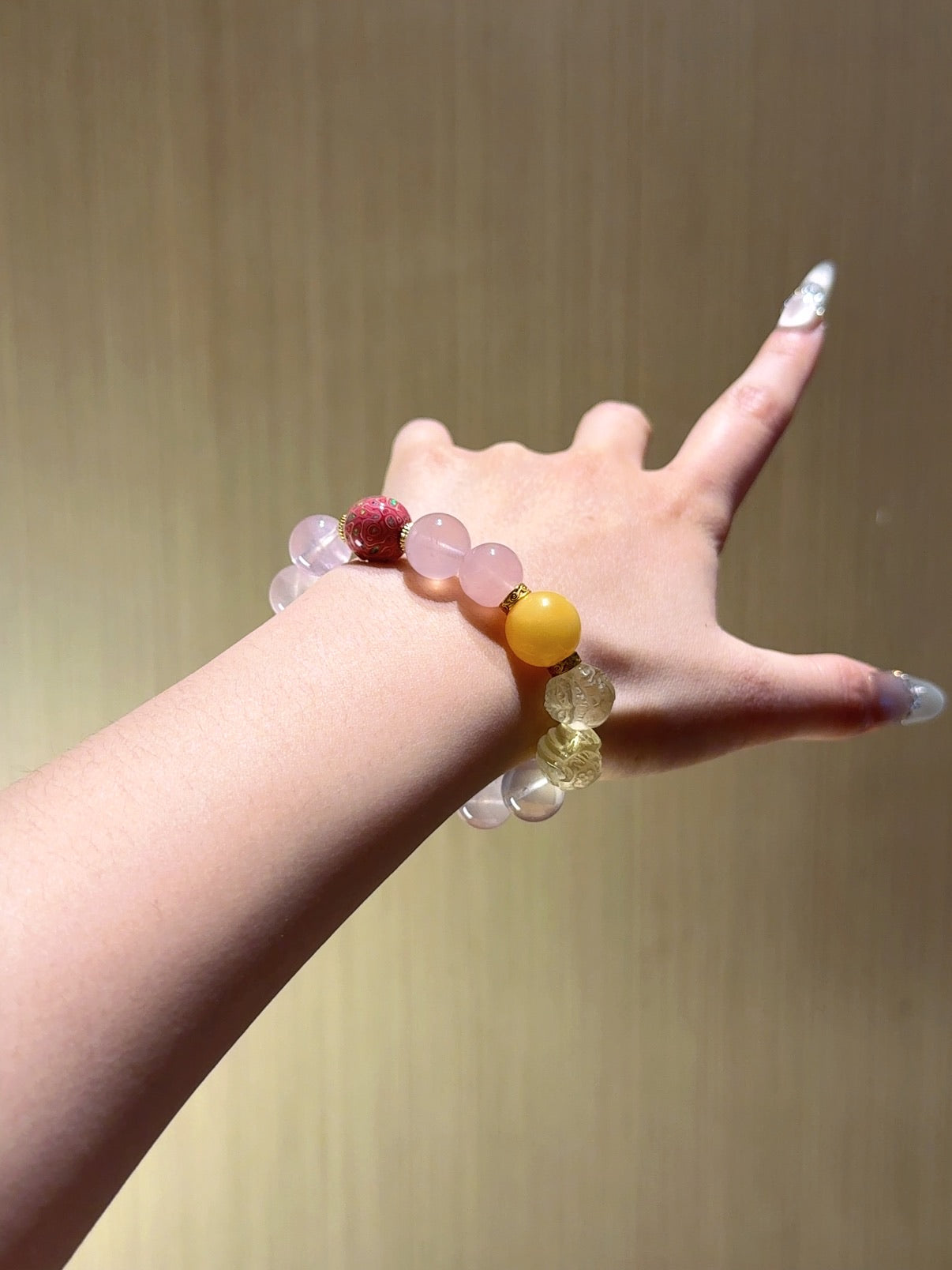 Natural Yellow Fluorite Crystal Bracelet — Yellow Fluorite, Rose Quartz, Lacquer Bead | Handmade Crystal Jewelry