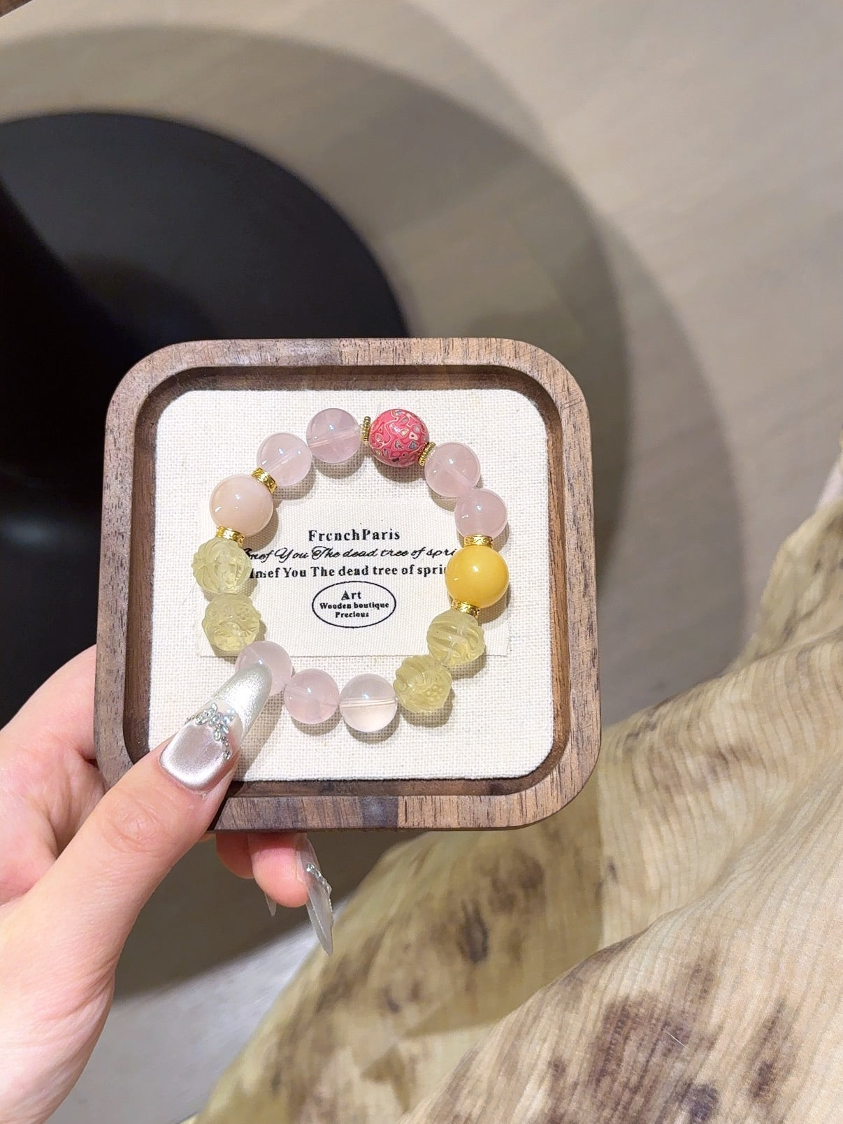 Natural Yellow Fluorite Crystal Bracelet — Yellow Fluorite, Rose Quartz, Lacquer Bead | Handmade Crystal Jewelry