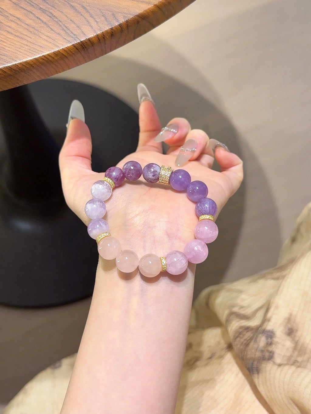 Natural Lepidolite Crystal Bracelet — Lepidolite, Kunzite, Purple Aura Quartz | Handmade Crystal Jewelry