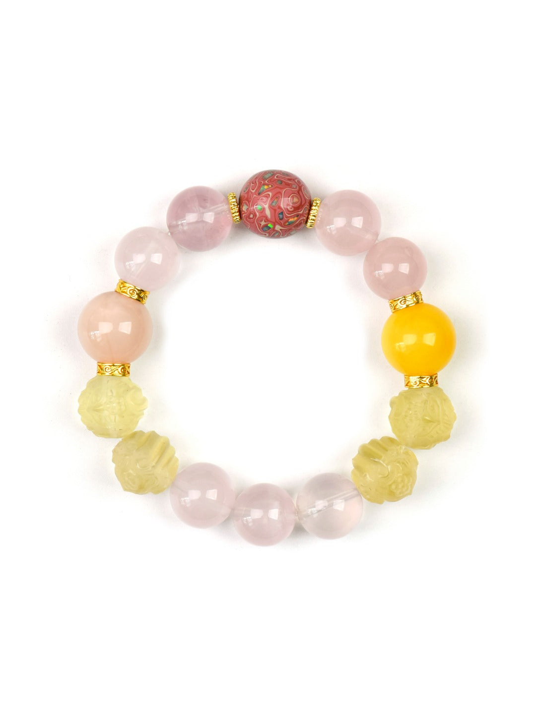 Natural Yellow Fluorite Crystal Bracelet — Yellow Fluorite, Rose Quartz, Lacquer Bead | Handmade Crystal Jewelry