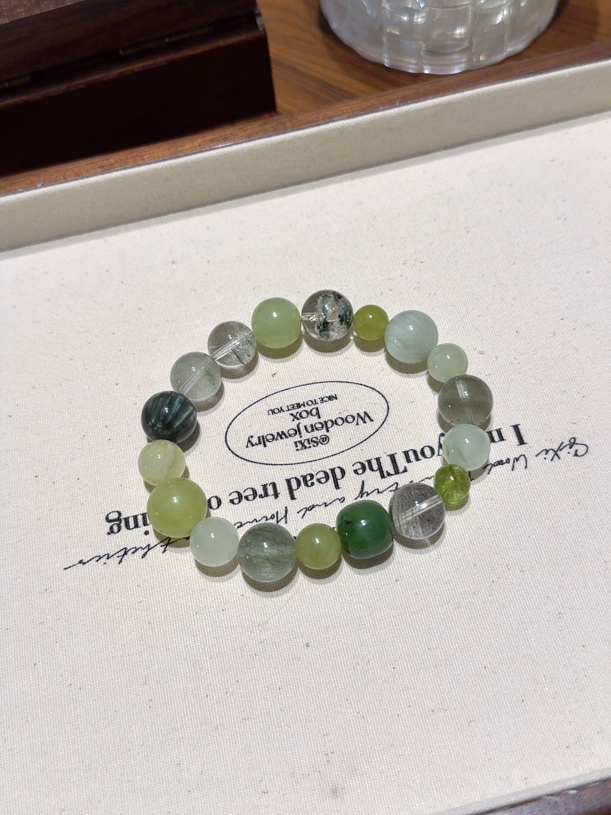 Natural Green Phantom Quartz Crystal Bracelet — Green Phantom Quartz, Green Rutilated Quartz, Prehnite, Xiuyan Jade, Peridot | Handmade Crystal Jewelry