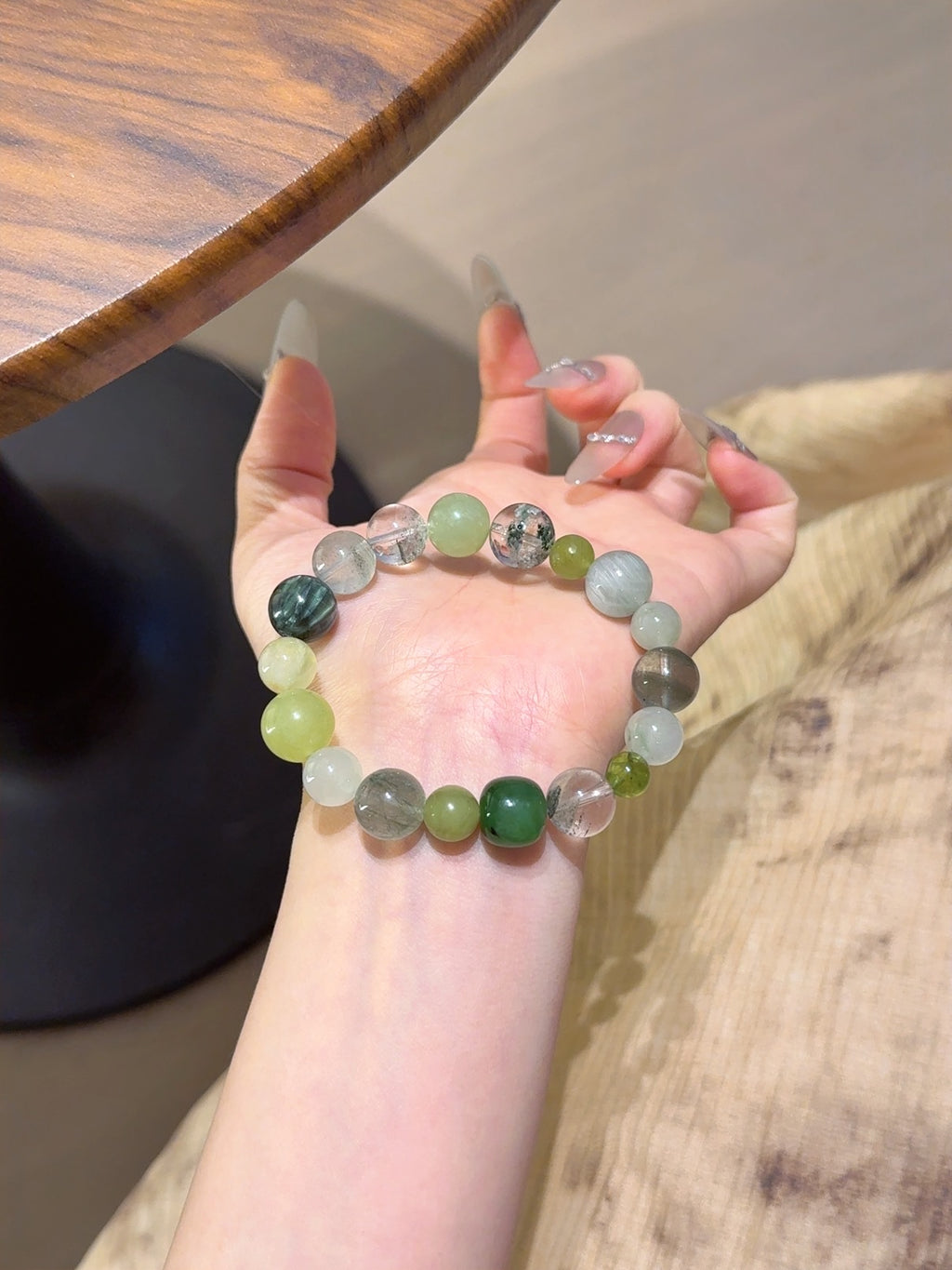Natural Green Phantom Quartz Crystal Bracelet — Green Phantom Quartz, Green Rutilated Quartz, Prehnite, Xiuyan Jade, Peridot | Handmade Crystal Jewelry