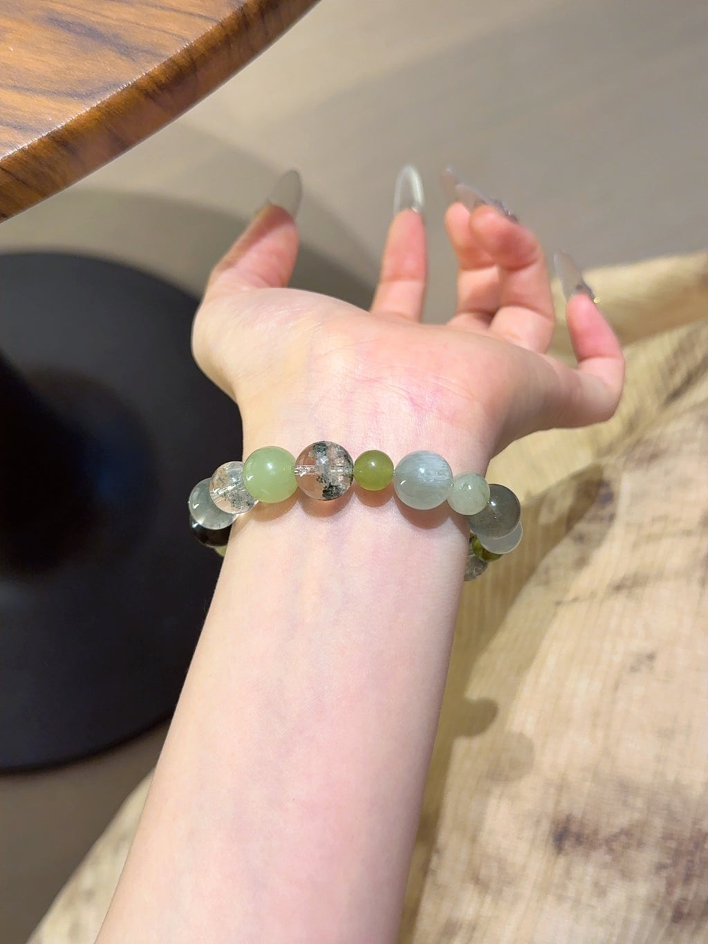Natural Green Phantom Quartz Crystal Bracelet — Green Phantom Quartz, Green Rutilated Quartz, Prehnite, Xiuyan Jade, Peridot | Handmade Crystal Jewelry