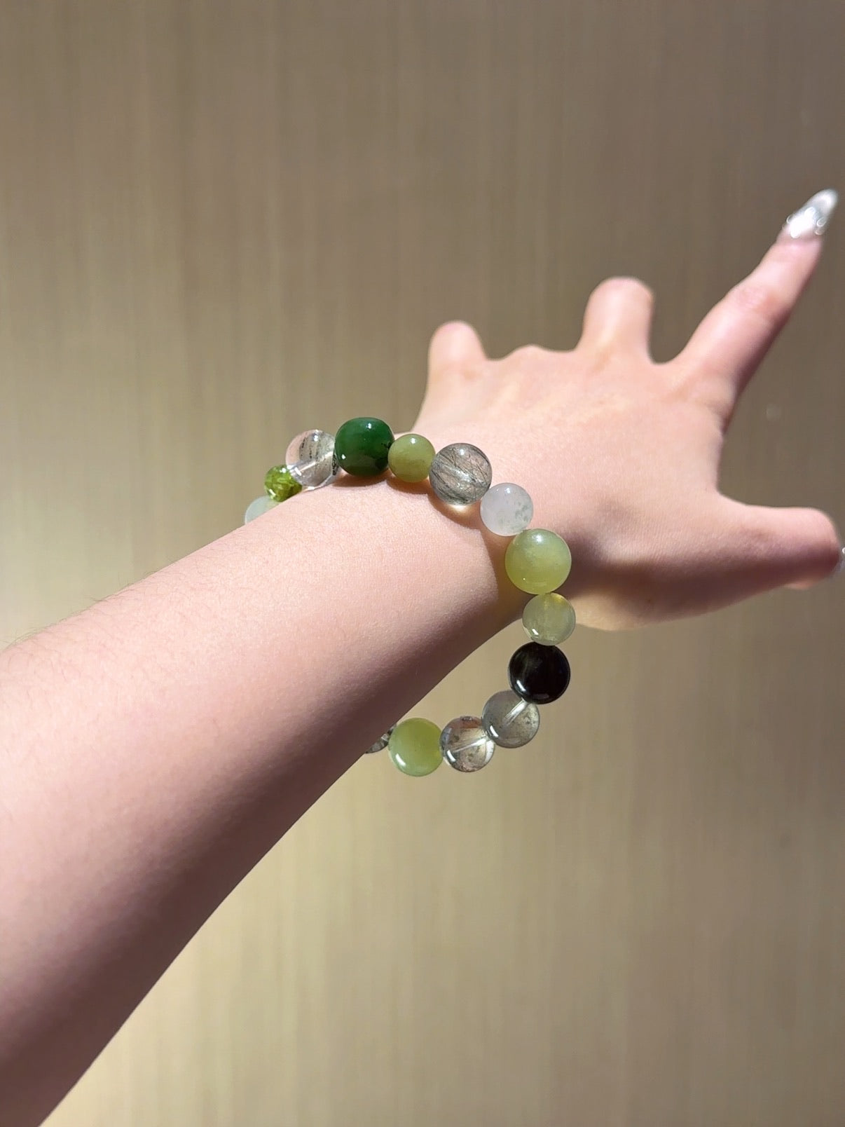 Natural Green Phantom Quartz Crystal Bracelet — Green Phantom Quartz, Green Rutilated Quartz, Prehnite, Xiuyan Jade, Peridot | Handmade Crystal Jewelry