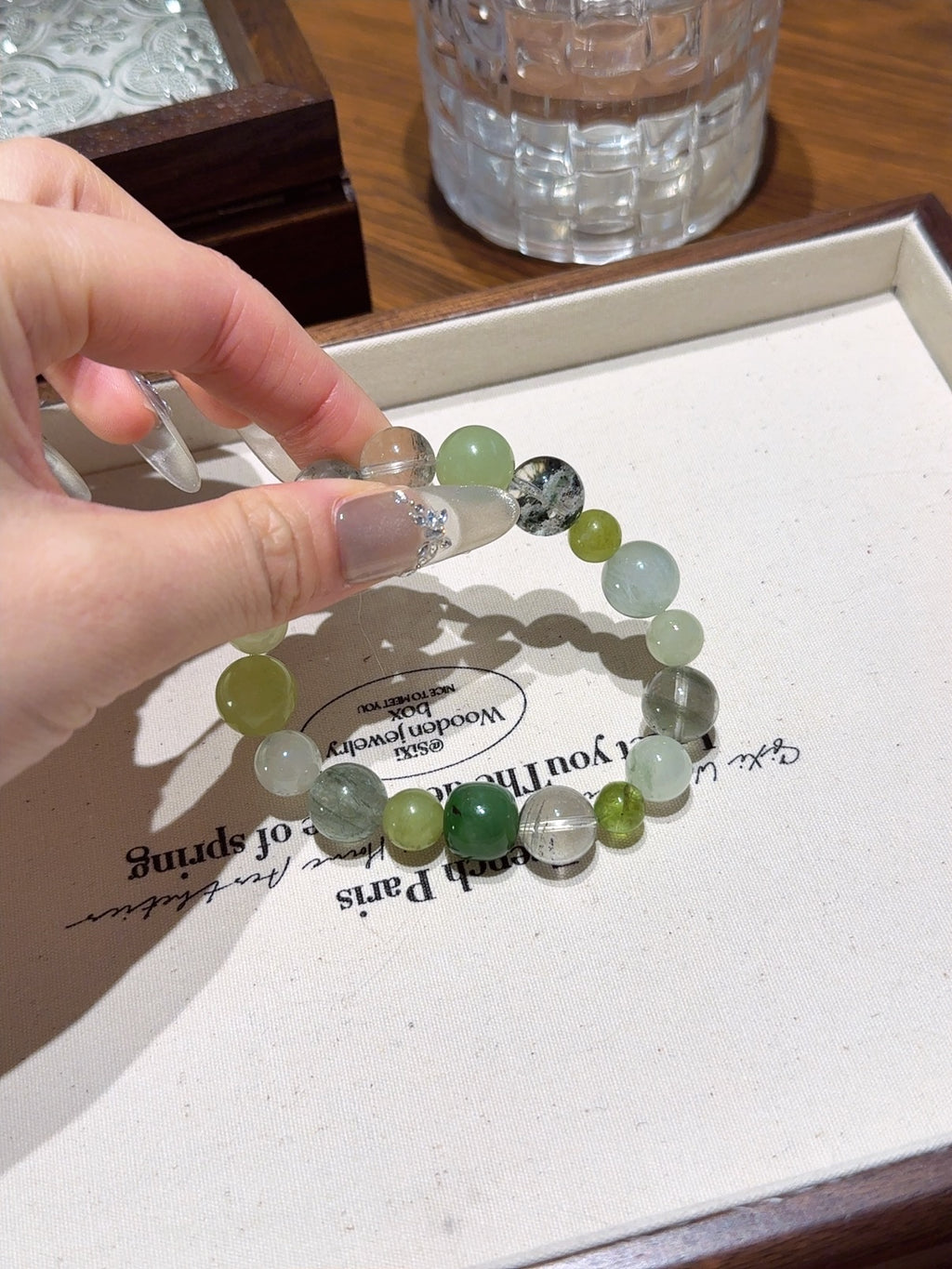 Natural Green Phantom Quartz Crystal Bracelet — Green Phantom Quartz, Green Rutilated Quartz, Prehnite, Xiuyan Jade, Peridot | Handmade Crystal Jewelry