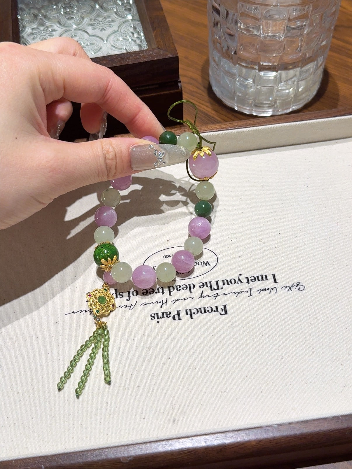 Natural Kunzite Crystal Bracelet — Kunzite, Green Jade, Garnet | Handmade Crystal Jewelry