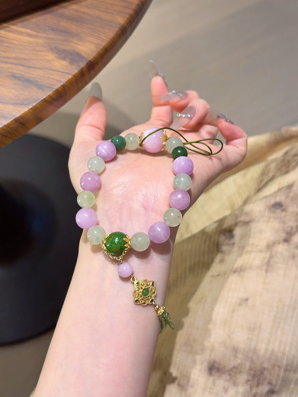 Natural Kunzite Crystal Bracelet — Kunzite, Green Jade, Garnet | Handmade Crystal Jewelry