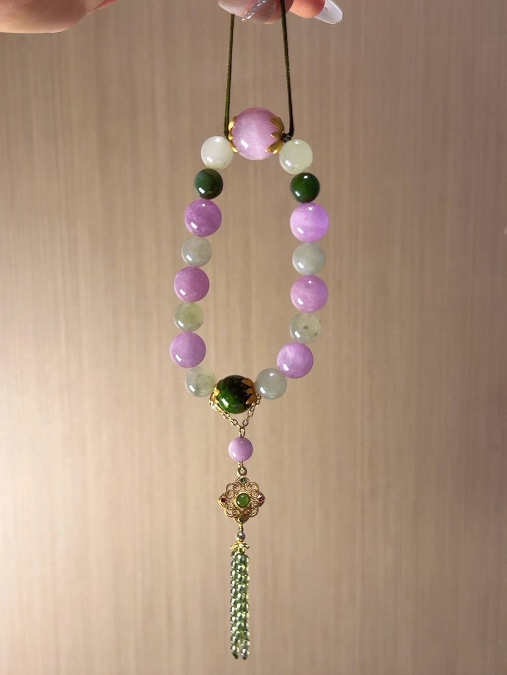 Natural Kunzite Crystal Bracelet — Kunzite, Green Jade, Garnet | Handmade Crystal Jewelry