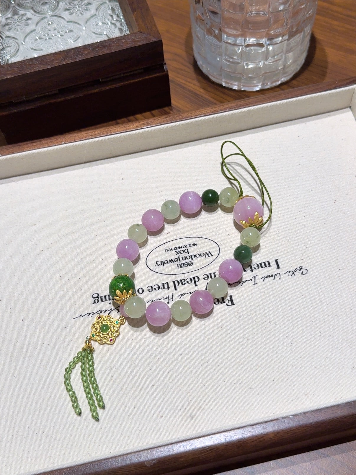 Natural Kunzite Crystal Bracelet — Kunzite, Green Jade, Garnet | Handmade Crystal Jewelry