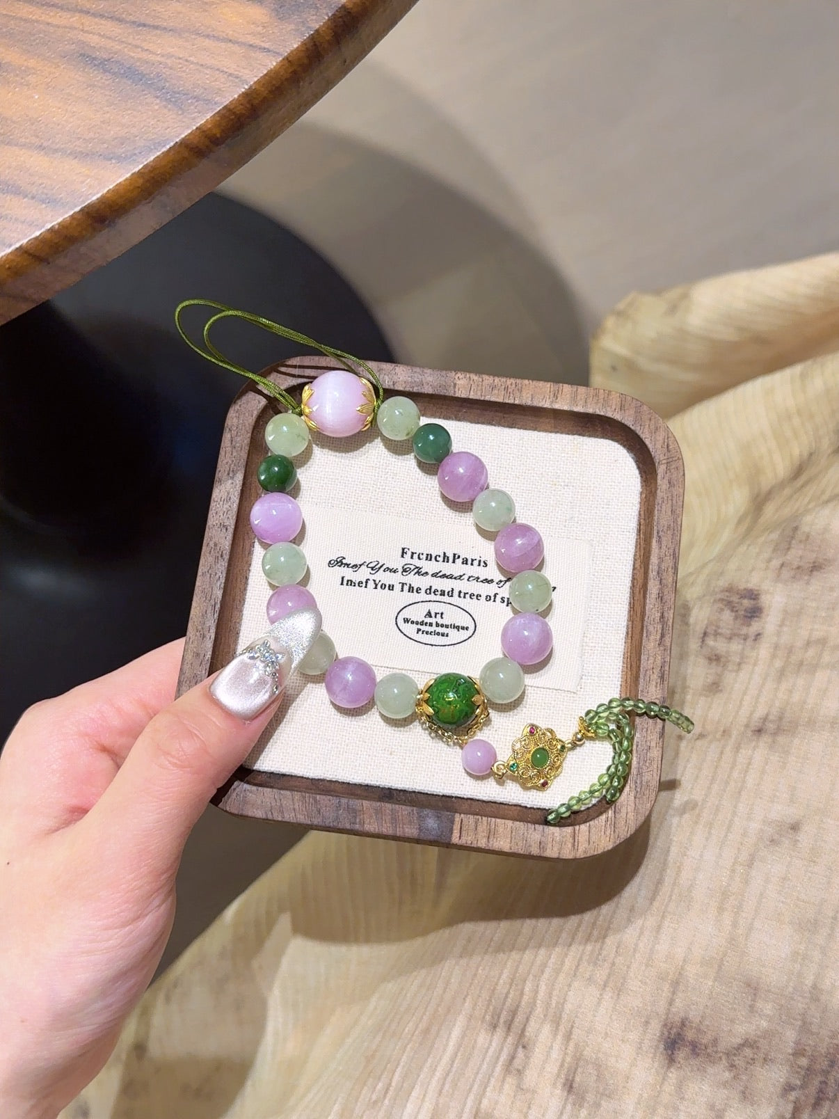 Natural Kunzite Crystal Bracelet — Kunzite, Green Jade, Garnet | Handmade Crystal Jewelry