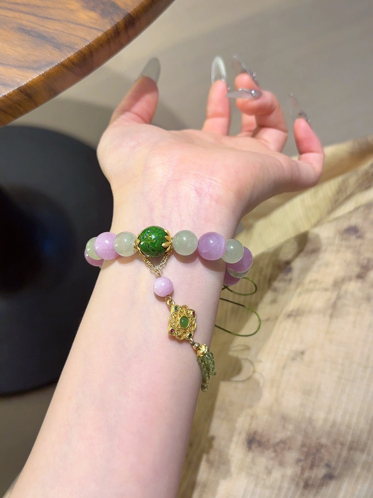 Natural Kunzite Crystal Bracelet — Kunzite, Green Jade, Garnet | Handmade Crystal Jewelry