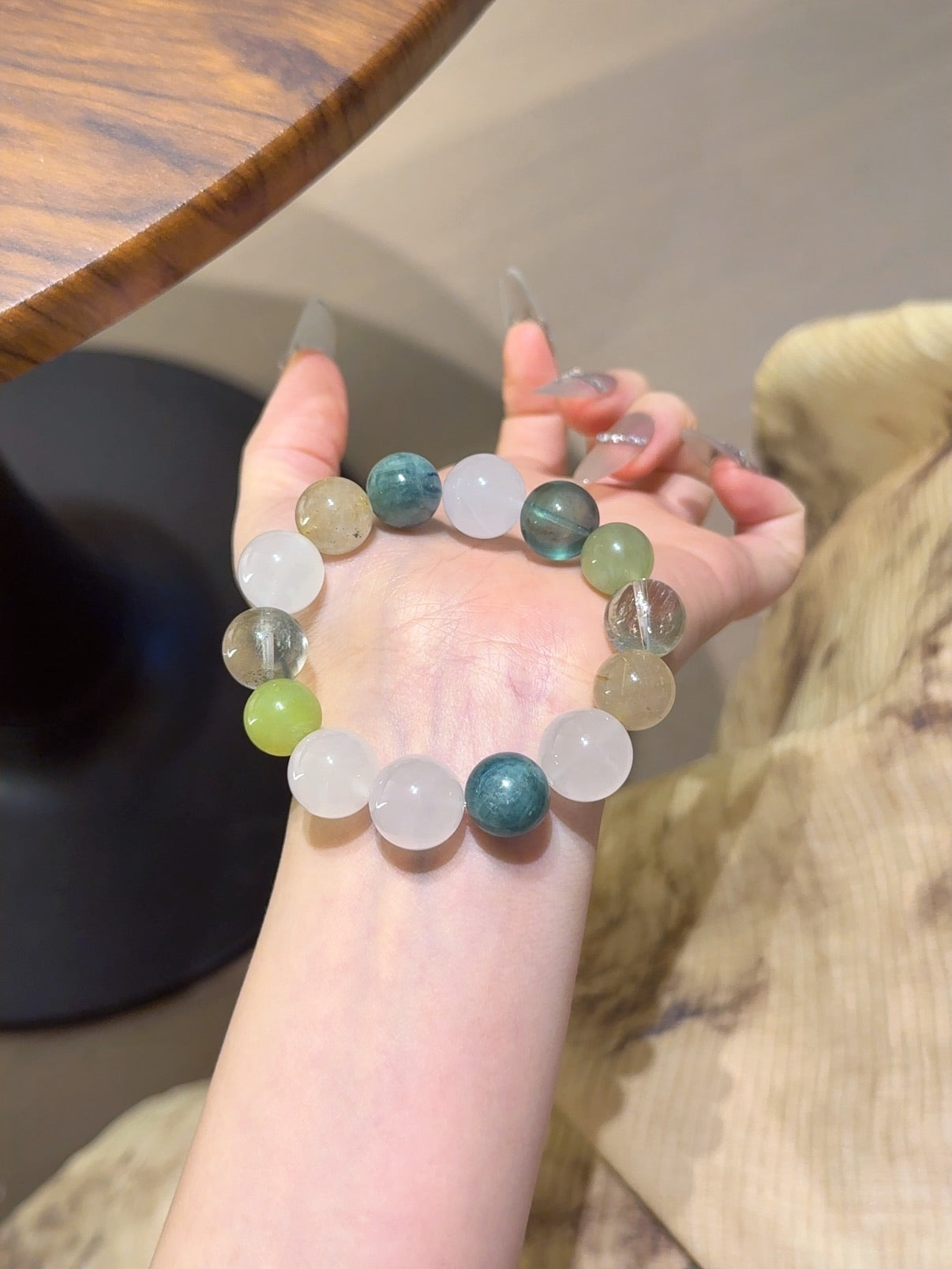Natural Golden Rutilated Quartz Crystal Bracelet — Golden Rutilated Quartz, Green Phantom Quartz, Fluorite, Natural Stone | Handmade Crystal Jewelry