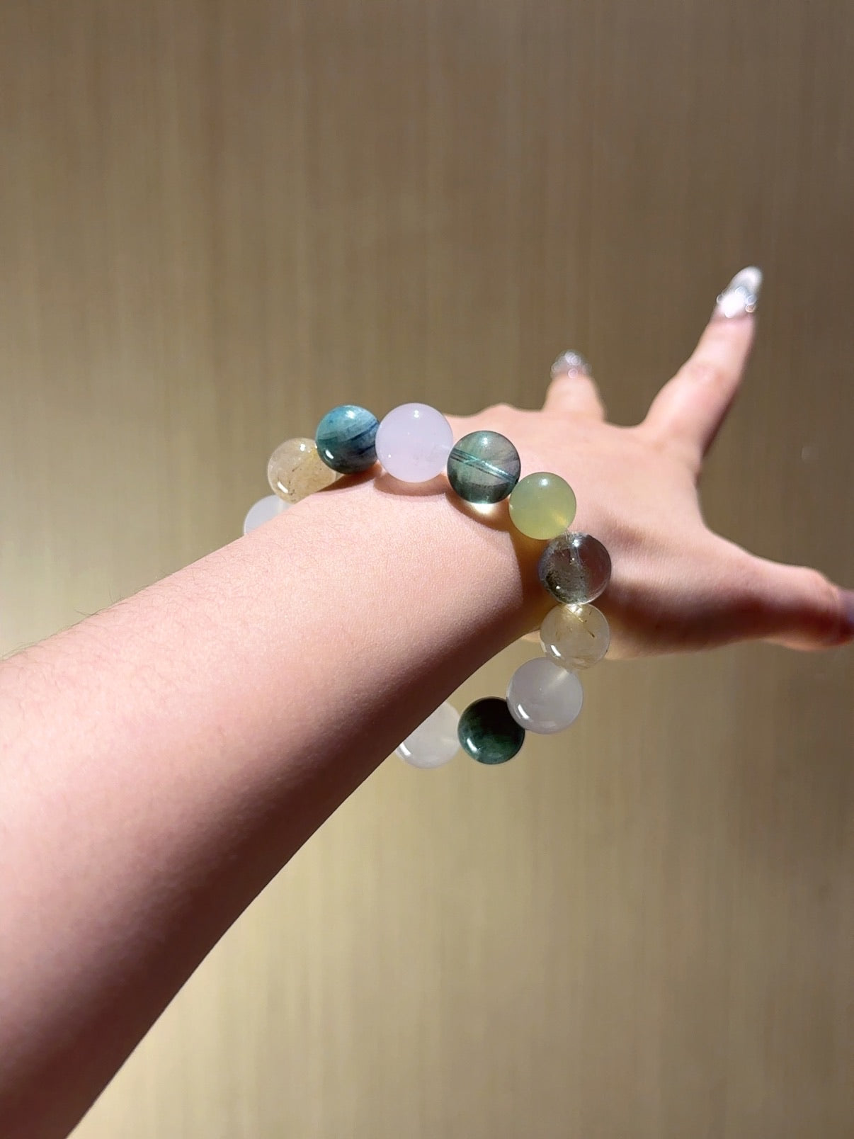 Natural Golden Rutilated Quartz Crystal Bracelet — Golden Rutilated Quartz, Green Phantom Quartz, Fluorite, Natural Stone | Handmade Crystal Jewelry