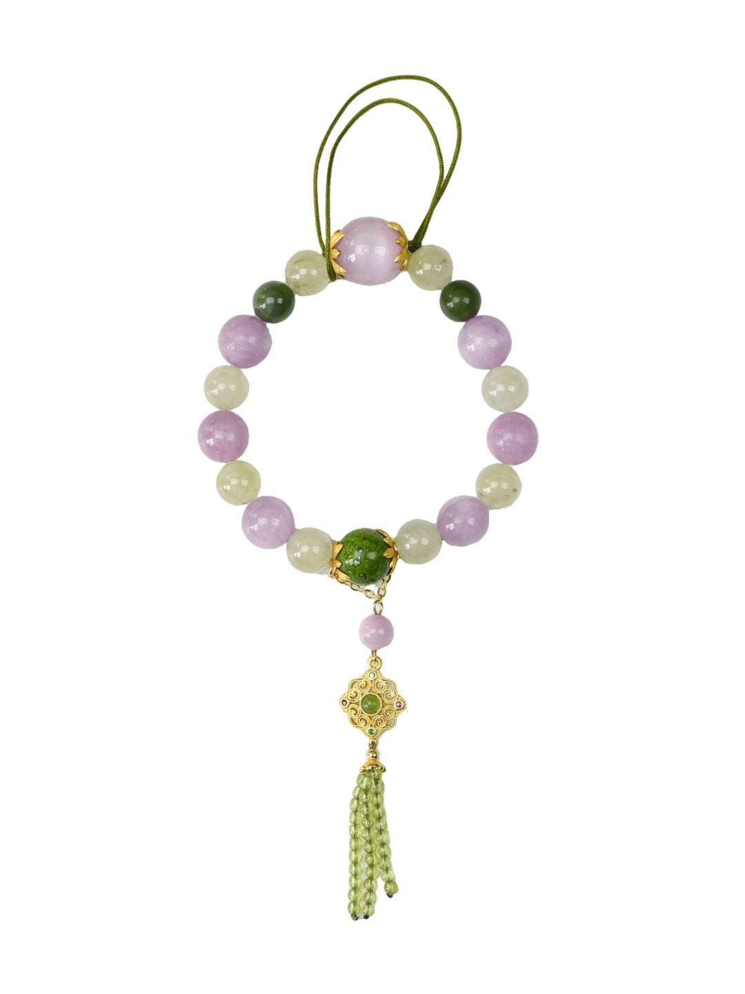 Natural Kunzite Crystal Bracelet — Kunzite, Green Jade, Garnet | Handmade Crystal Jewelry
